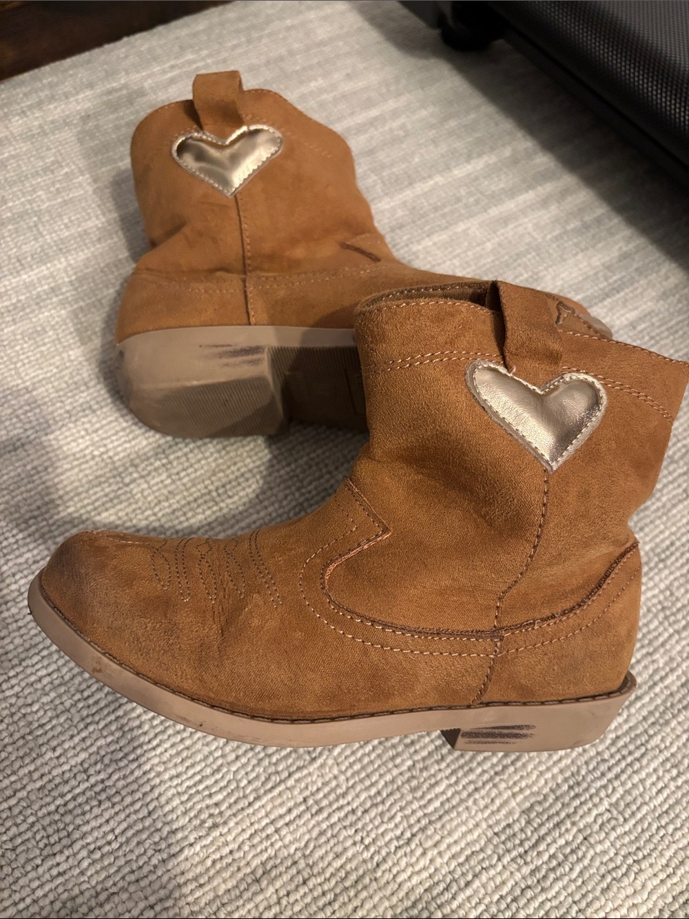 Girls Tan Suede Cowgirl Booties with Silver Heart Accent (Old Navy)
